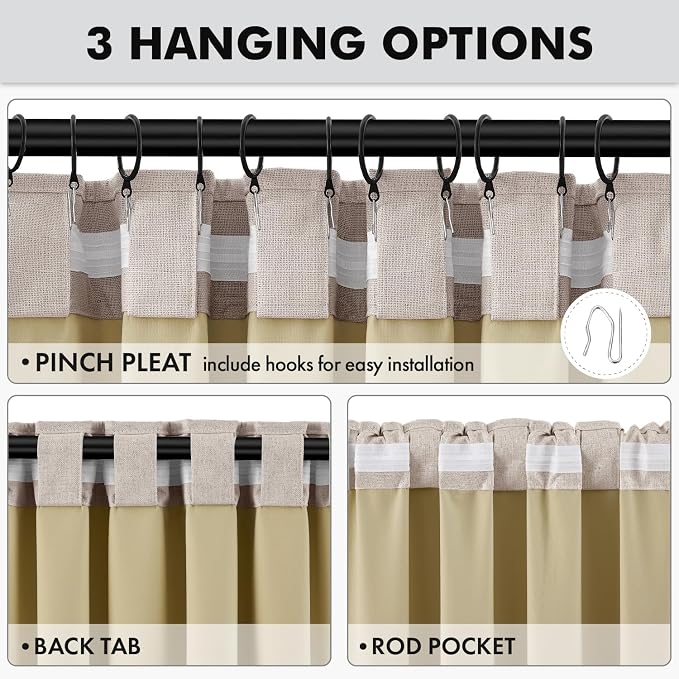 MIULEE 100% Blackout Linen Curtains for Bedroom 42 x 96 Inch Khaki 2 Panels | Thermal Insulated, Room Darkening Drapes for Living Room, Back Tab Rod Pocket Pinch Pleated, Solid Luxury Decor