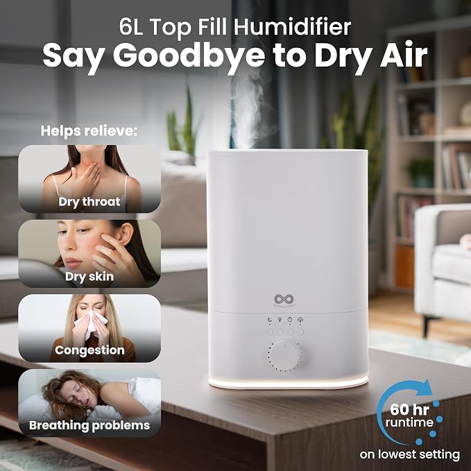Everlasting Comfort 6L Top Fill Humidifier for Bedroom – Quiet, Easy to Fill & Clean, 60HR Runtime, Night Light, Timer, Ultrasonic Cool Mist, Auto Shut-Off for Indoor Use- White