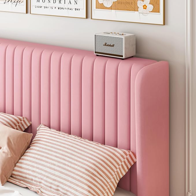 SHA CERLIN Queen Size Velvet Bed Frame, Tufted Wingback Headboard, Pink | 47'' Modern Vertical Channel Headboard, Upholstered Platform Bed, Wood Slats, No Box Spring Needed, Easy Assembly, Noise Free