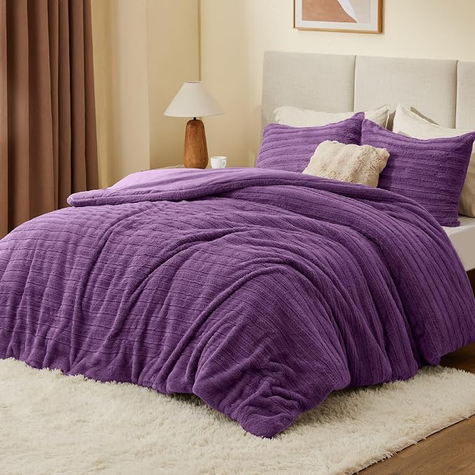 BEDELITE Faux Fur King Size Comforter Set, Fluffy Bed Set, Purple | Super Soft & Warm, Luxury Fuzzy Cozy Comforter for Winter, Heavy Plush Bed set, with 2 Pillowcases