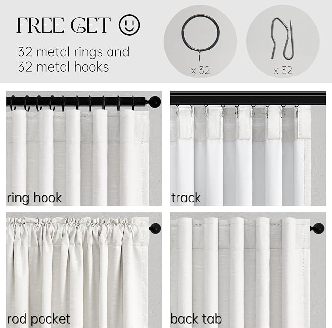 Topfinel 95 inch Bedroom Living Room Curtains 2 Panels 100% Blackout Linen Texture Curtain Drapes with Back Tab Rod Pocket Room Darkening Thermal Insulated Curtains for Dining Sliding Door Snow White