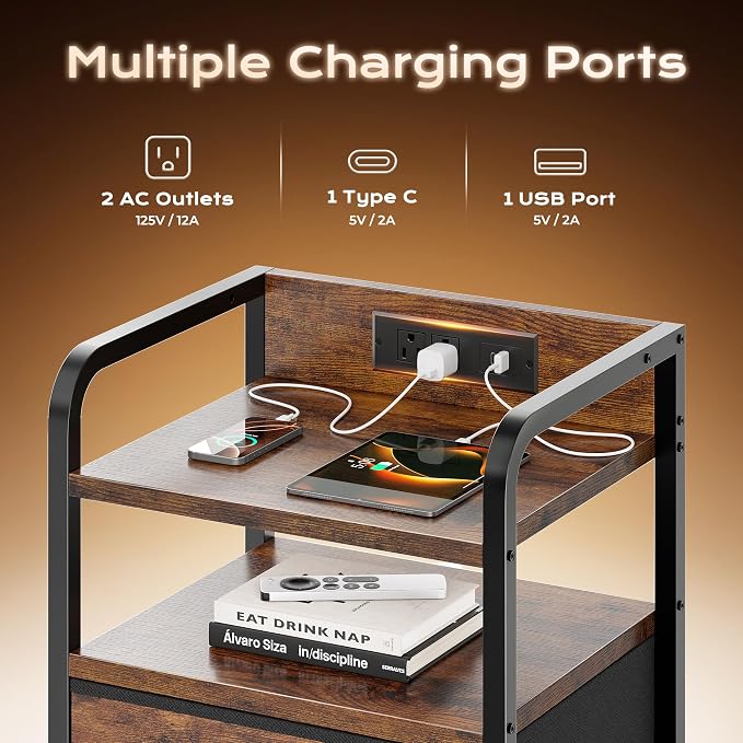 Huuger Nightstands Set of 2, Night Stand, Charging Station, USB-C Ports | 2 Drawers Bed Side Table, Open Shelf, 2-Way Power Panel Installation, End Table for Bedroom, Rustic Brown