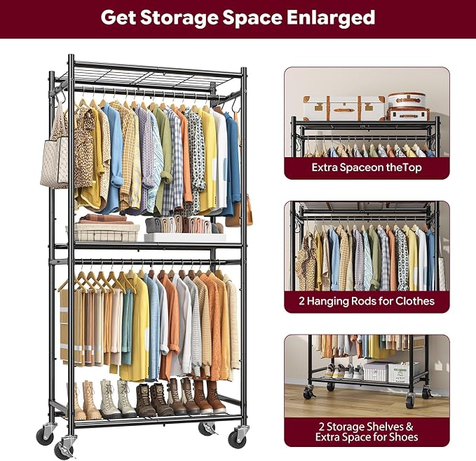 Simple Trending Clothes Rack, Clothing Rack, Portable Closet, Black | Wardrobe Closet with Mesh Shelves & Hooks, Metal Garment Rack, 360° Lockable Wheels, Multi-Functional, for Bedroom, Laundry