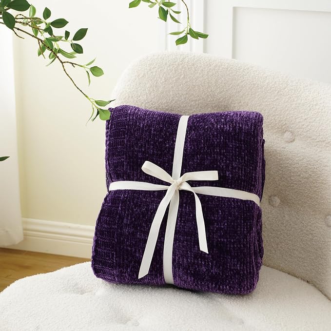 Chenille Throw Blanket for Couch Bed, Purple Knit Throw Blanket 51"x67" | Shiny Chenille Blanket, Super Soft Knitted Blankets for Sofa Home Decor