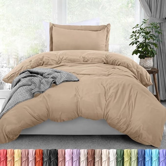Duvet Cover Twin/Twin XL, 3 PC Cotton Like Polyester, Zipper Closure, Sand | Extra Soft and Breathable, Wrinkle & Fade Resistant, Includes Duvet Cover and 1 Pillow Sham, Comforter Not Included, OekoTex