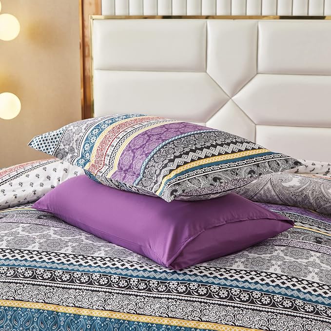 Cottolester Boho Comforter Set Queen Size,8 Piece Bed in a Bag Bohemian Striped Bedding Quilt Set,Purple Paisley Floral Comforter and Sheet Set,Soft Microfiber Complete Bedding Sets for All Season
