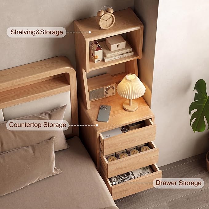 Solid Wood Bookshelf Nightstand Combo, Tall Nightstand with Bookshelf | Oak Nightstand Bookshelf,Narrow Nightstand with Drawers,Open Shelf Bookcase,for Bedroom,Living Room,Offices