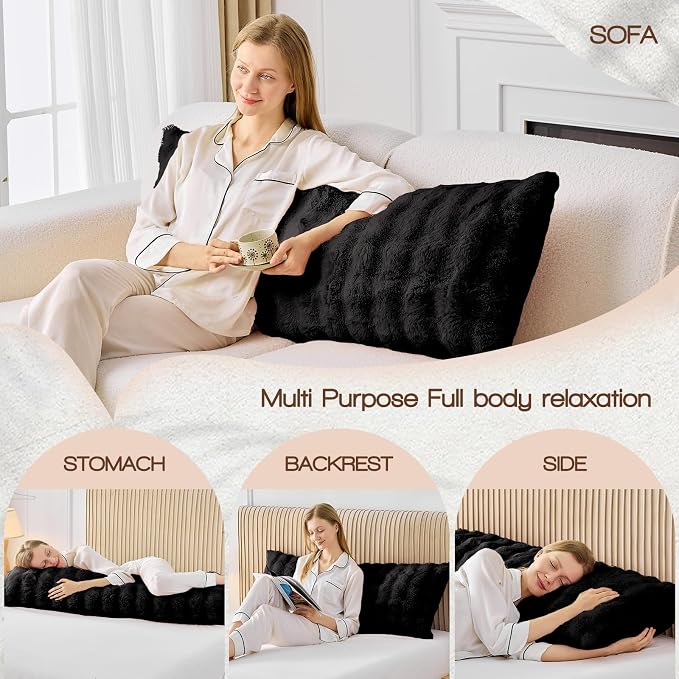 YZ HOME Faux Fur Fluffy Body Pillow for Adults, Soft Support | Firm Body Pillow, Adjustable Support for Side Sleeping, Pregnant Women, Washable cover,Gifts, 20x54 Inch (Black)