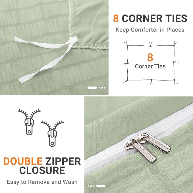 HYMOKEGE Light Green Twin Size Duvet Cover, Ultra Soft 2-Piece Seersucker Duvet Cover Set with Zipper Closure, Soft Brushed Microfiber Bedding Set with 8 Corner Ties (68"x90", 1 Pillowshams)