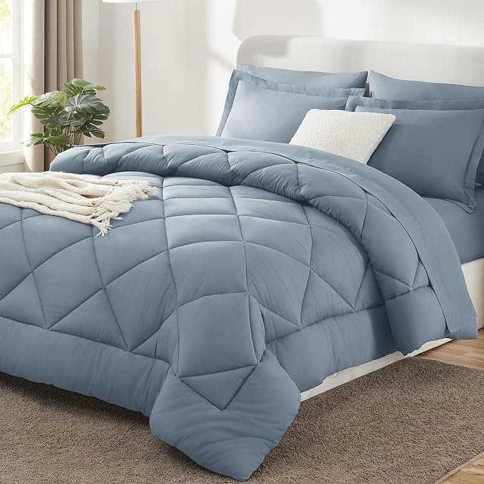 Oversized Queen Comforter Set Dusty Blue - 7 Pieces Bed in a Bag | OEKO-TEX Certified, All Season, 240GSM Down-Alternative Comforter, Sheets, Pillowcases & Shams, 14" Deep Pocket, Easy Care