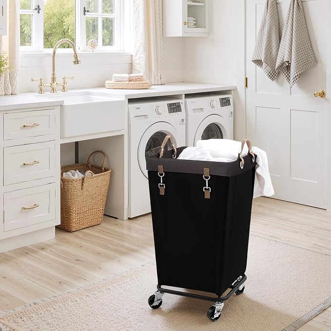 StorageWorks 110L Laundry Basket with Wheels, Rolling Hampers for Clothing | Black Laundry Basket with Wheels, Metal Frame & Handles, Rolling Hamper for Bedroom, Bathroom, Dorm, Hotel