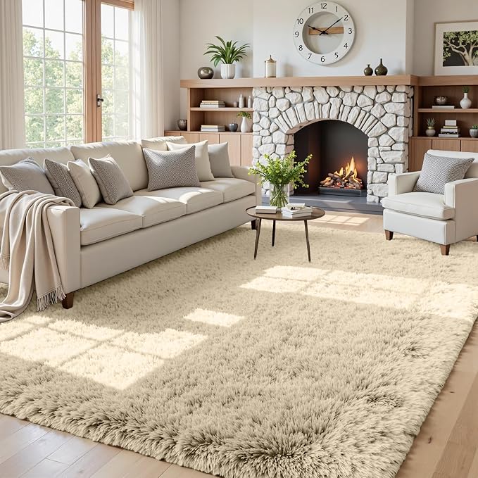 5x7 Fluffy Shag Area Rugs for Living Room Bedroom: Soft Plush Carpet Beige | Upgraded Non-Slip Thick Memory Foam, Ultra Soft, Non-Shedding Fuzzy Carpet, Easy Clean Decor for Kids Room, Nursery, Playroom