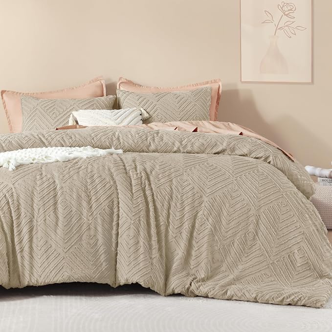 Litanika Queen Size Comforter Set, 3 Pieces Wheat Tufted Boho Bedding Set | Farmhouse Shabby Chic Vintage Bohemian Textured Aesthetic Soft Fluffy Lightweight Breathable All Season Bed Set for Queen Bed