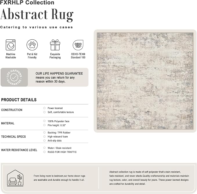 Area Rug Living Room: 4x4 Modern Washable Soft Carpet Brown Beige | For Bedroom Dining Room Farmhouse Nursery Hallway Office,Modern Abstract,Machine washable,Non-Slip,Stain Resistant,Indoor
