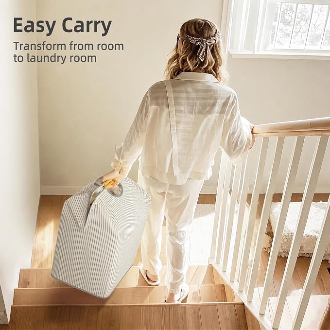 STORAGE MANIAC 2-Pack Large Laundry Hamper, 100L (26.4 Gal) Collapsible Laundry Basket with Bamboo Handles, Freestanding Waterproof Clothes Hamper for Laundry Room, Bedroom, Dorm, Towels, Stripe