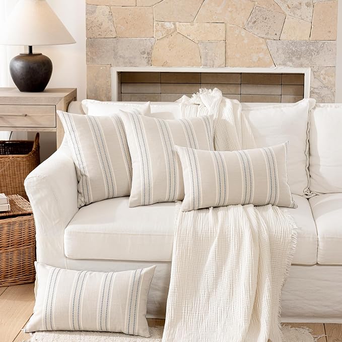 Hckot Dusty Blue Pillow Covers 16x16 Set of 2 Stripe Throw Pillows | Farmhouse Decorative Pillows Textured Square Cushion Covers for Sofa Couch Bed Living Room Decor
