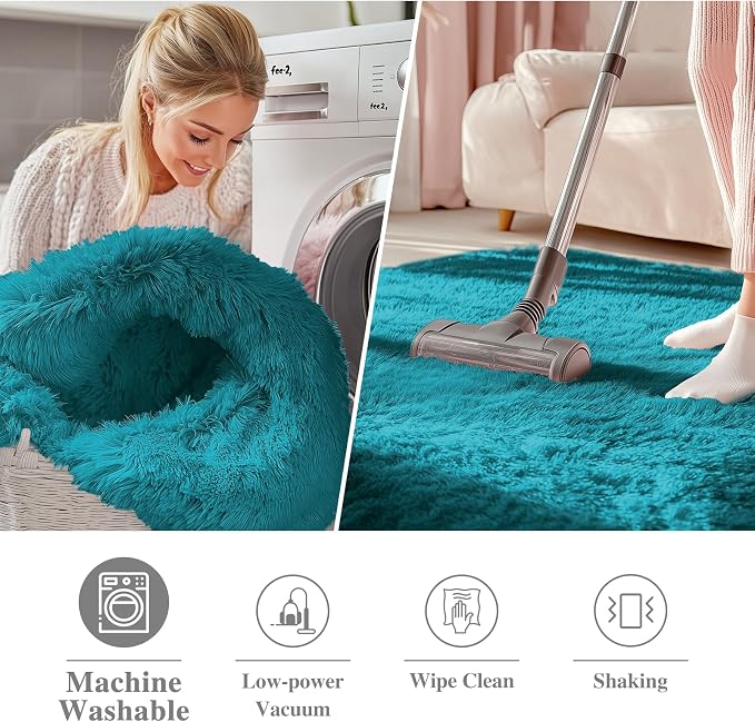 OLANLY Teal Round Rugs for Bedroom - Machine Washable, 5 ft Circle Area Rugs for Living Room, Soft and Fluffy Shaggy Carpet for Teen Girl and Boys, Nursery Rooms, Dorms, Home Decor Aesthetic