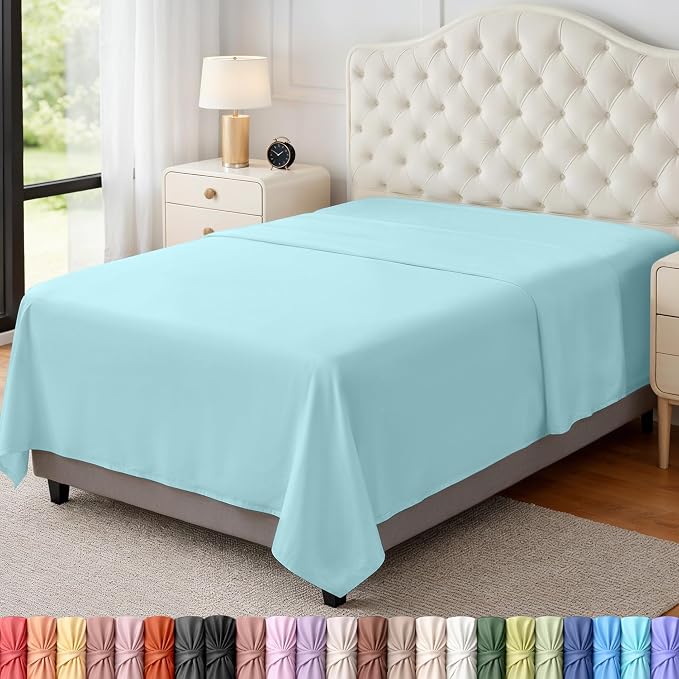 Twin Size Flat Sheet Only, Ultra Soft & Breathable Hotel Sheets, Spa Blue | Hotel Bedding, Cooling Comfort, Smooth Feel, Wrinkle & Fade Resistant, Easy Care, Long-Lasting, Machine Washable, OEKO-TEX