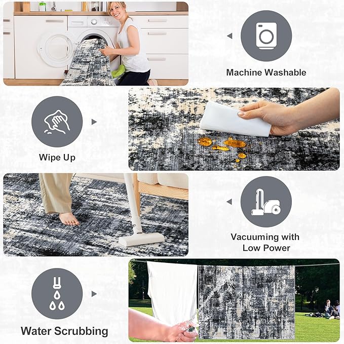 PLHXFR 10x12 Area Rug Living Room: Abstract Washable Carpet Black Gold | For Bedroom Dining Room Farmhouse Nursery Home,Machine washable,Non Slip,Large Soft Neutral,Stain Resistant, Indoor Floor