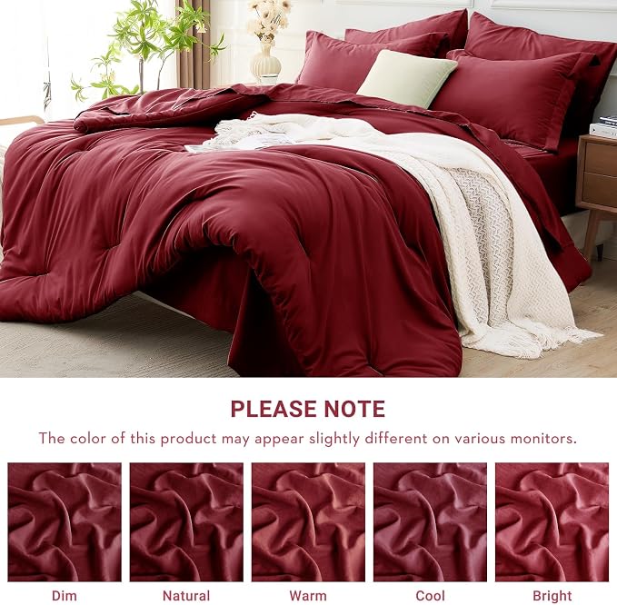 7 Pieces King Comforter Set, Soft Bed in a Bag King Size, All Season Bedding Set with Comforter, Flat Sheet, Fitted Sheet, Pillowcases & Shams, Burgundy Red