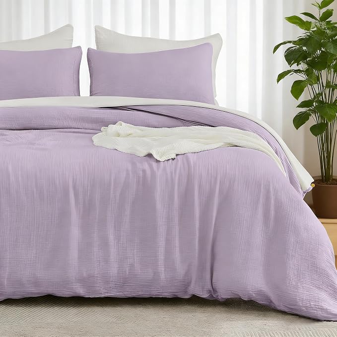 EMME Muslin Cotton Duvet Cover Set Lavender Twin Size Linen Like Soft Breathable Lightweight Summer Comforter Cover Set with Zipper Closure (Lavender, Twin, 68"x90")