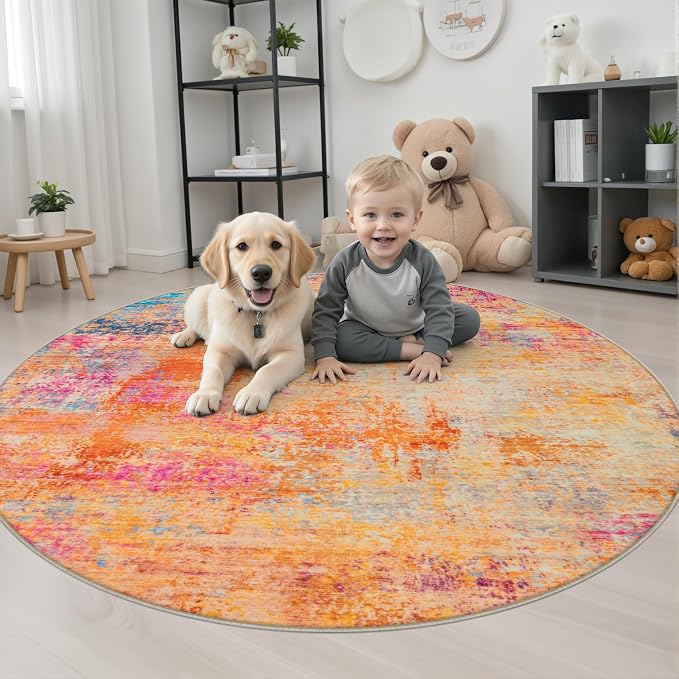 Round Area Rug Living Room: 5 ft Modern Washable Indoor Carpet | For Bedroom Dining Room Farmhouse Nursery Hallway Office,Modern Abstract,Machine washable,Non-Slip,Stain Resistant,Indoor