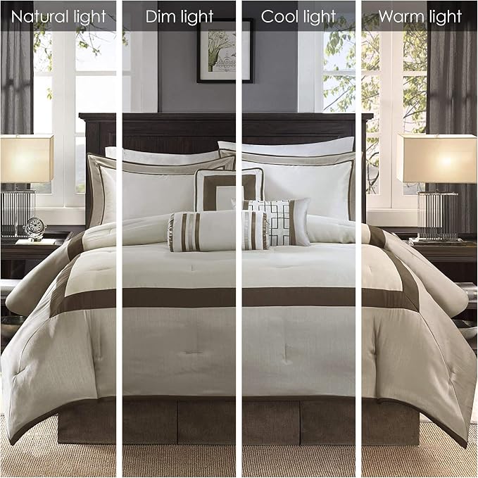 Madison Park Deluxe Hotel Style Comforter Set, 7PC King Bedding Set | All Season Down Alternative Luxury Bedding with Comforter, Shams, Bed Skirt, Decorative Pillows, Taupe/Brown