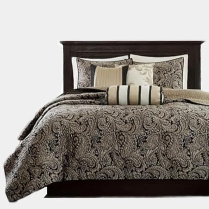 Madison Park Traditional Damask Jacquard Paisley Black Queen Quilt Set, 6pc | Lightweight Coverlet Bedspread Bedding Set, All Season, Machine Washable, Easy Care, Cozy, Breathable, Soft