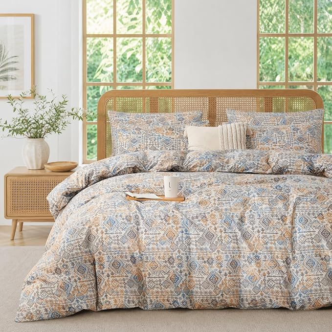 Queen Comforter Set Boho Soft 3 Pieces Chic Retro Boho Print Bohemian Comforter for All Seasons Luxury Warmth Comfy Breathable with 2 Pillowcases