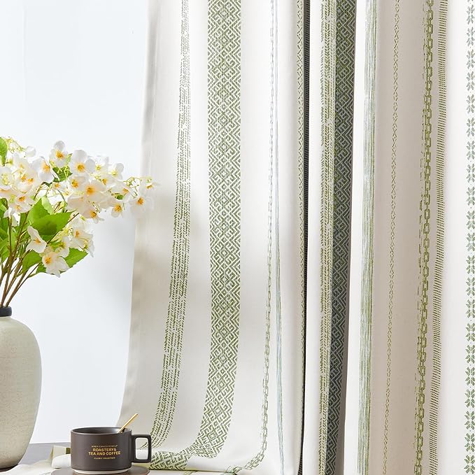 jinchan Boho Blackout Curtains 96 Inches Long for Bedroom Living Room | Sage Green on Beige Geometric Printed Back Tab Rod Pocket Farmhouse Curtains Room Darkening Thermal Window Treatment 2 Panels