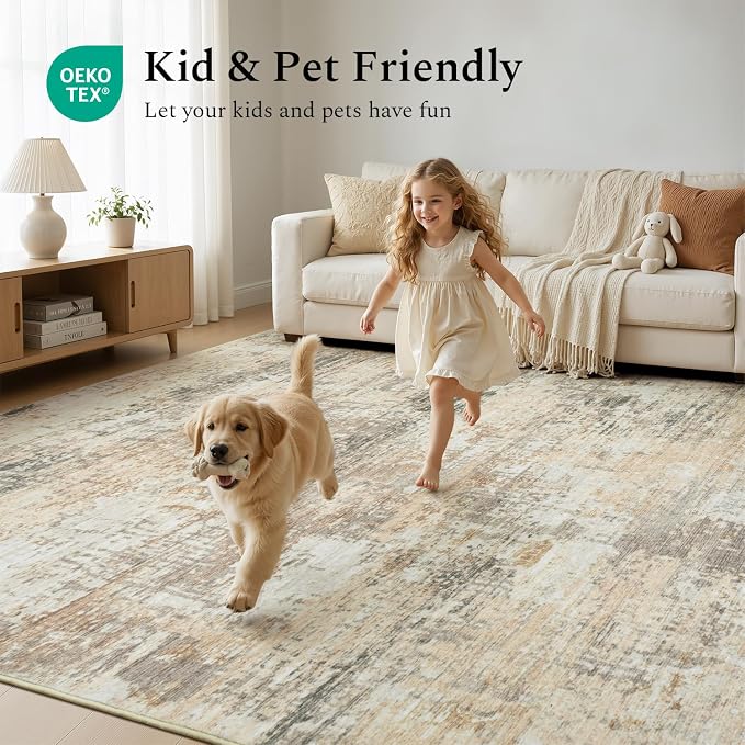 Rugflix 8x10 Area Rugs for Living Room, Washable Gold Beige Grey Large Rug | Machine Washable; Stain-Resistant; Low Pile; Non-Slip; Modern Abstract; Carpet for Bedroom Dining Office Nursery Home