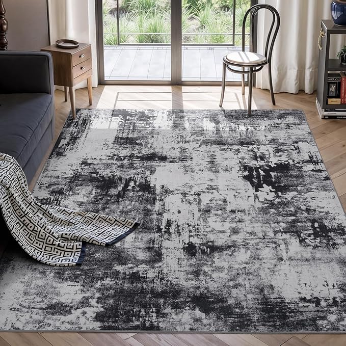 Rugflix 4x6 Area Rugs for Living Room, Washable Black Grey Dark Large Rug | Machine Washable; Stain-Resistant; Low Pile; Non-Slip; Modern Abstract; Carpet for Bedroom Dining Office Nursery Home