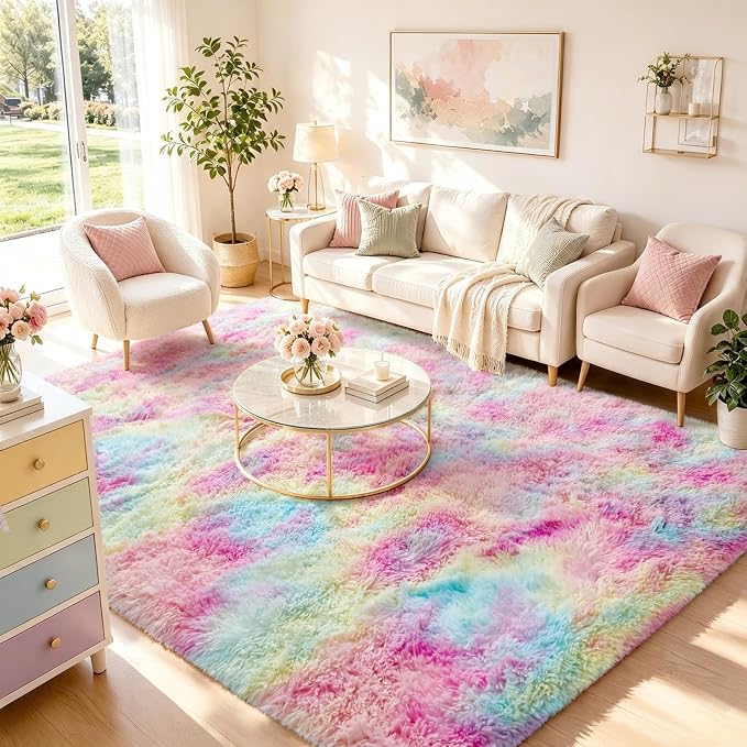 Ophanie 6x9 Rainbow Rug for Bedroom Girls, Unicorn Colorful Fluffy Soft Cute Fuzzy Area Rugs, Shag Plush Shaggy Bedside Floor Furry Carpet for Kids Baby Teen Dorm Nursery Home Decor Aesthetic