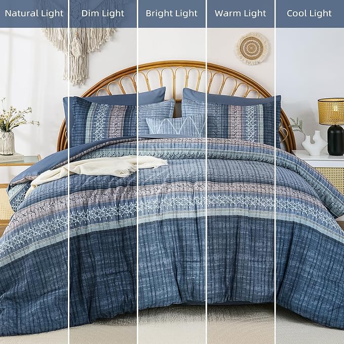Dintszyayue Blue Comforter Set Cal King Size, 8 Pieces Boho Striped Bed in a Bag Soft Microfiber Bedding Set for All Season