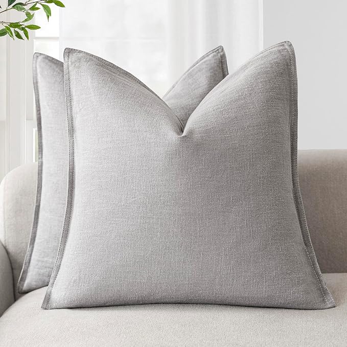 Foindtower Linen Solid Decorative Throw Pillow Covers 22x22 Inch Light Gray | Pack of 2 Boho Farmhouse Morden Pillowcase,Accent Rustic Cushion Covers,Home Decor for Chair Couch Sofa Bedroom Living Room