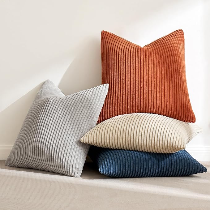 MIULEE Soft Corduroy Decorative Throw Pillow Covers Blue-Yellow 18x18 | Set of 4, Mordern Nordic Coastal Decor, Ocean Ember Set, Boho Farmhouse Cushion Covers for Couch Bed Sofa Living Room