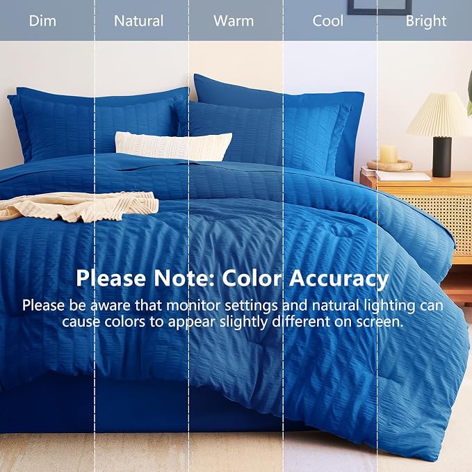 Full Comforter Sets, 7 Pieces Classic Blue Seersucker Bed in a Bag | OEKO-TEX Certified, All Season Bedding Set with 240 GSM Down Alternative Comforter, Flat & Fitted Sheets, Pillowcases & Shams