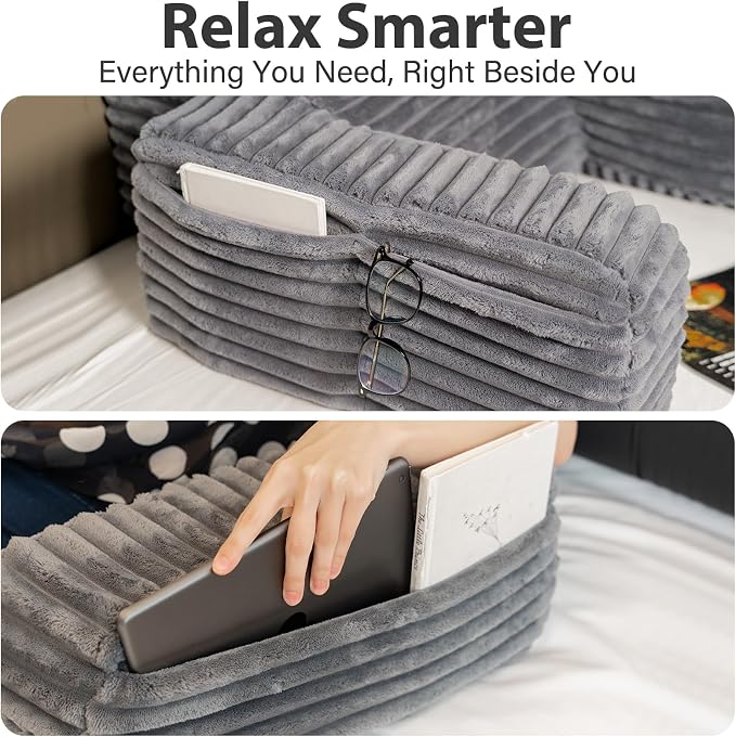 ENITYA 19" Large Back Pillow for Bed Sitting Up with Armrests & Big Pockets | Reading Pillow for Bed, Soft Back Support Chair, Ideal for Watching TV, Gaming, Nursing, Resting, Post Surgery, Dark Grey