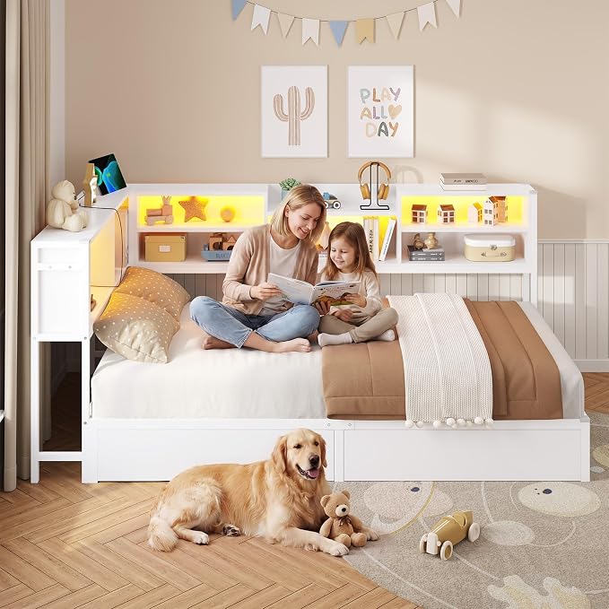 DICTAC Corner Bed Frame Twin XL with 2 Storage Drawers and Bookcase Headboard, Twin XL Corner Platform Bed with Led Lights and Charging Station,Metal Daybed with Storage for Kids,Teens & Guests,White