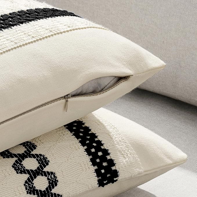 MIULEE Set of 2 Black Boho Decorative Lumbar Pillow Covers 12x20 Inch | Farmhouse Couch Throw Pillows, Modern Cotton Cushion Covers, Macrame Woven Spring Home Decor for Bed Sofa Chair