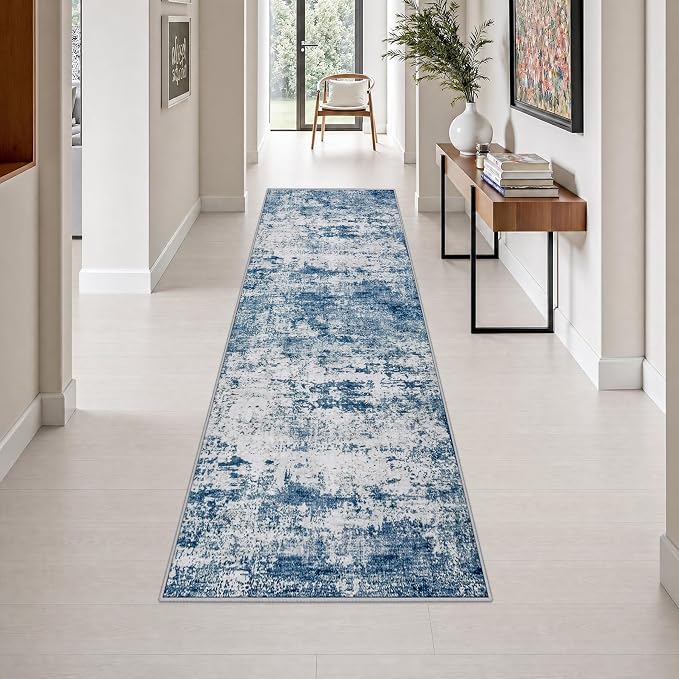 2.6x10 Washable Runner Rug:Modern Abstract Indoor Soft Carpet Blue | For Hallway, Bedroom, Kitchen, Laundry, Bathroom,Door Mat,Modern Abstract,Machine washable,Non-Slip,Stain Resistant,Indoor