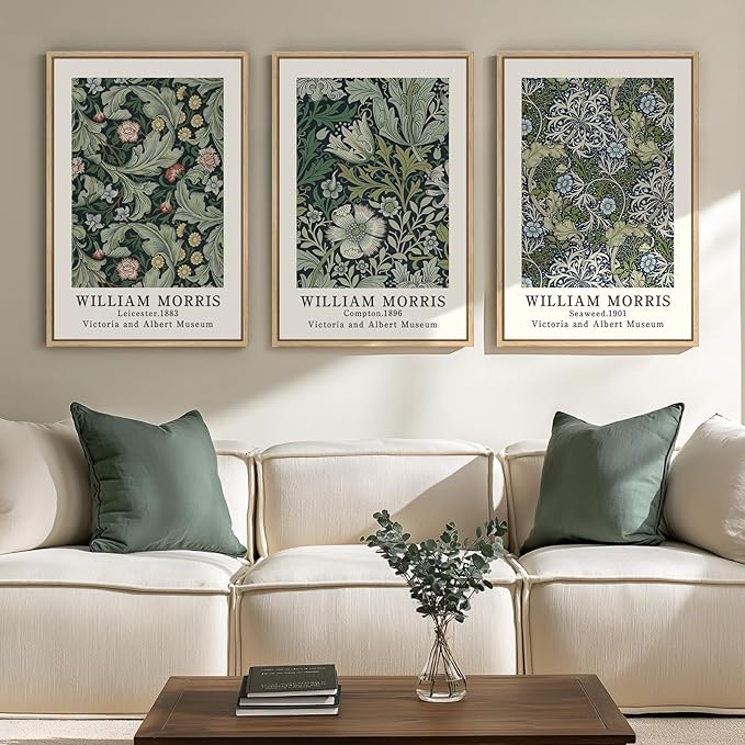 Framed William Morris Green Floral Canvas Wall Art Set of 3, 16x24 In | Fine art, Vintage, Nature, Aesthetic, Easy to hang, Waterproof, Living room/Bedroom/Office/Hallway/Wall decor