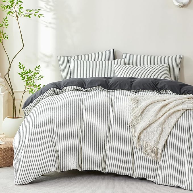 Dark Grey Comforter Set King Soft Luxury Washed Microfiber Jacquard 3 Pieces Bedding, White Grey Vertical Ticking Stripes Pattern Comforter with 2 Pillowcases Breathable Durable Comfy