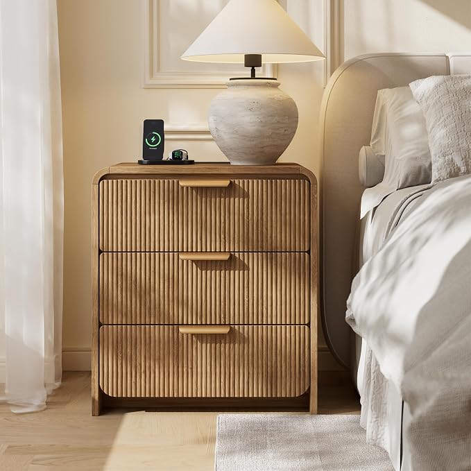 24" 3 Drawers Fluted Nightstand, Light Walnut | 3 Drawers Bedside Table, Metal Handles & Charging Station, Curved Profile End Table for Bedroom