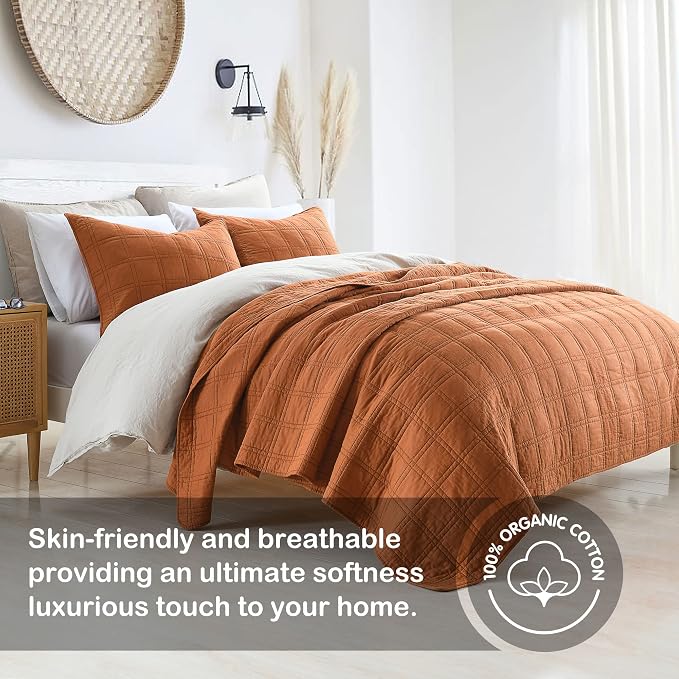 HORIMOTE HOME 100% Cotton Quilt King Size Burnt Orange Bedspread, Pre-Washed 3-Piece Cozy Lightweight Decorative Bedding Cover Coverlet Set with 2 Shams in Geometric Pattern for All Season