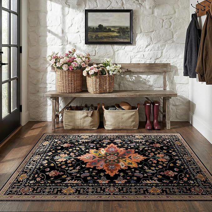 RELEANY Washable Area Rug, 5'x8', Black/Colorful | Non-Slip, Water Repellent, Pet Friendly, Easy to Clean, Vintage Floral Boho Decor for Living Room Bedroom Dining Room Office