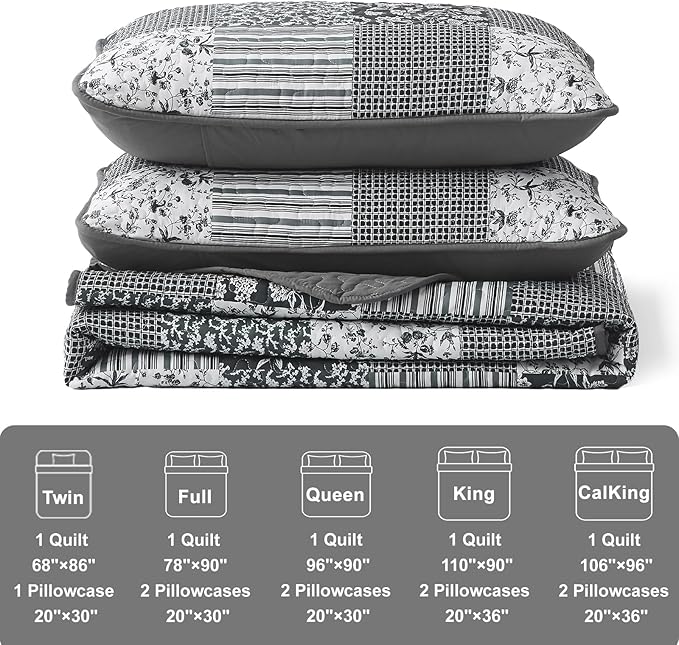 Mybedsoul Quilt California King Size, Patchwork Bedding Set, Black Grey | Soft Lightweight Microfiber Floral Boho Coverlet Set, 3 Pieces Plaid Bedspread, Bed Sets for All Seasons 110"x96"
