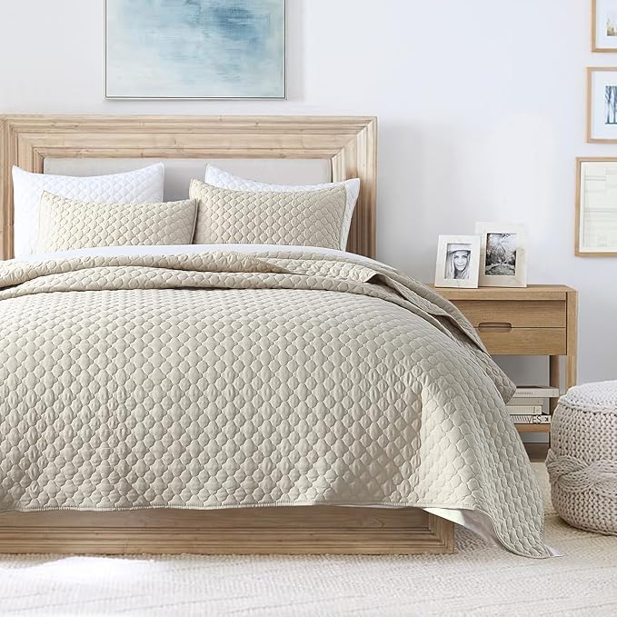 HORIMOTE HOME Quilt Set King Size Beige Bedspread, Modern Style Quilted Clouds Pattern Soft Coverlet Set Lightweight Microfiber Quilted Bedspread for All Season