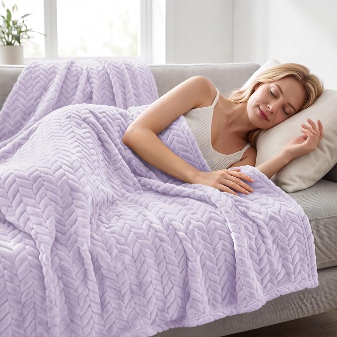 Exclusivo Mezcla Fleece Throw Blanket for Couch Sofa, 50”x70”, Lilac Purple | Oversized Soft Cozy Fluffy Blankets for Summer, Decorative Plush Flannel Throws for Living Room, Bedroom with Leaves Pattern