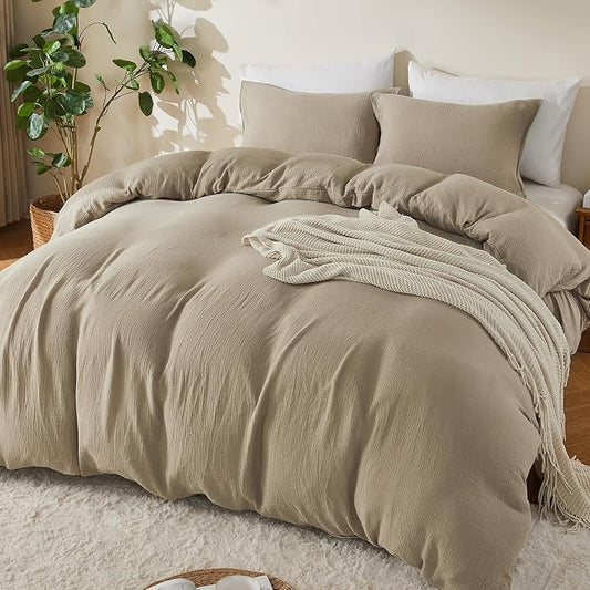 EMME Muslin Cotton Duvet Cover Set Khaki Queen Size Linen Like Soft Breathable Lightweight Summer Comforter Cover Set with Zipper Closure (Khaki, Queen, 90"x90")